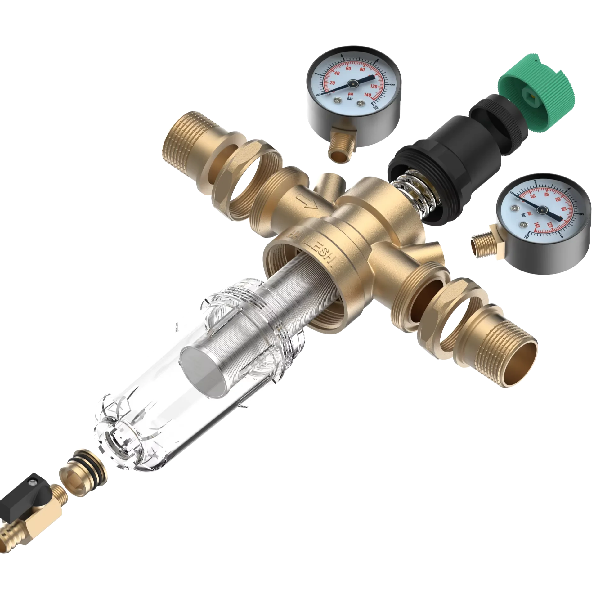 

Industrial grade PC material brass water purifier with two gauges,used for removing sediment from household appliances1/2inch