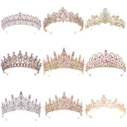 Pink Shiny Rhinestone Crystal Luxury Crown Headbands Bridal Headpiece Jewelry Hair Ornaments Accessories Brides Tiaras