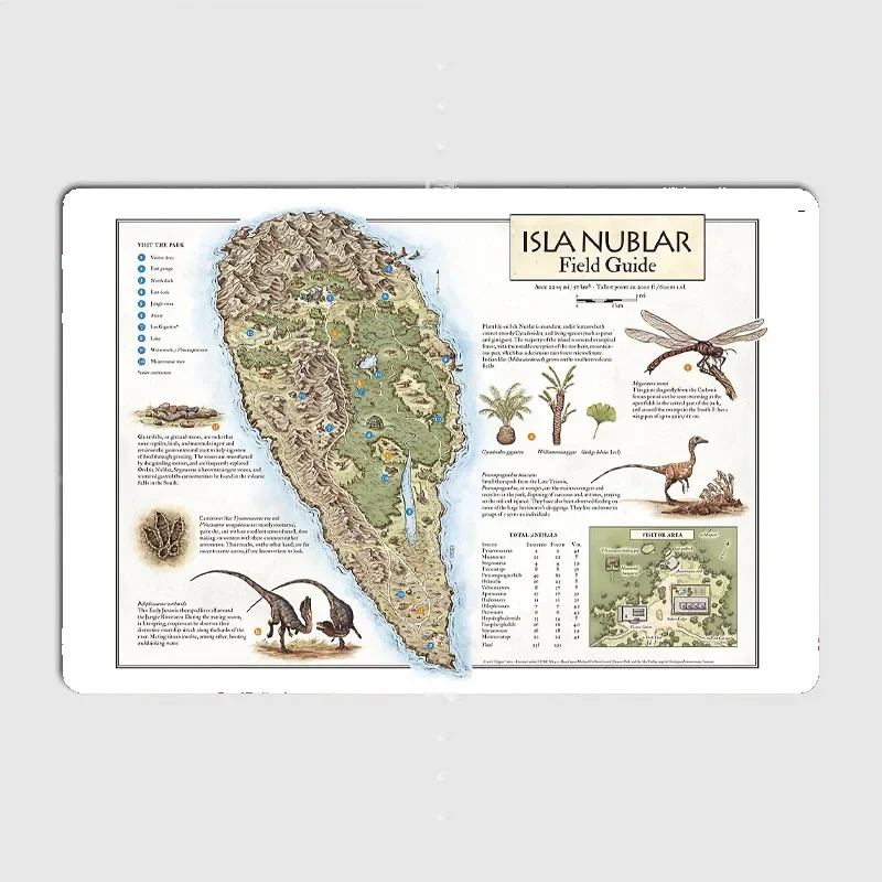 Isla Nublar Field Guide - Jurassic Park map Retro Metal Sign Poster Room Wall Decoration Cinema Living Tin Vintage Home Decor