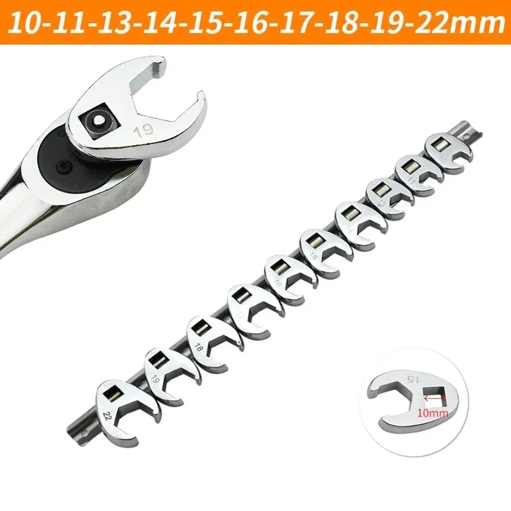 10Pcs 3/8Inch Drive Crowfoot Wrench 10 To 22mm Metric Foot Open End Spanner Interchangeable Head Adjustable Ratchet Wrench