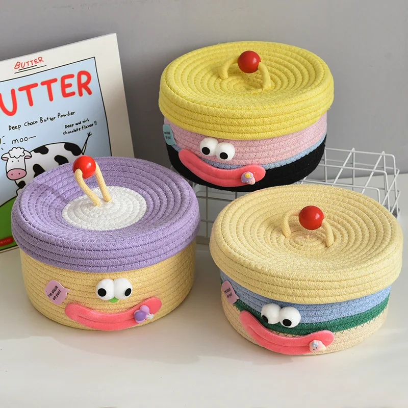 

Cartoon Smile Cotton Rope Woven Storage Basket with Lids Desktop Organizers for Sundries Snack Needles Kids Toys Container