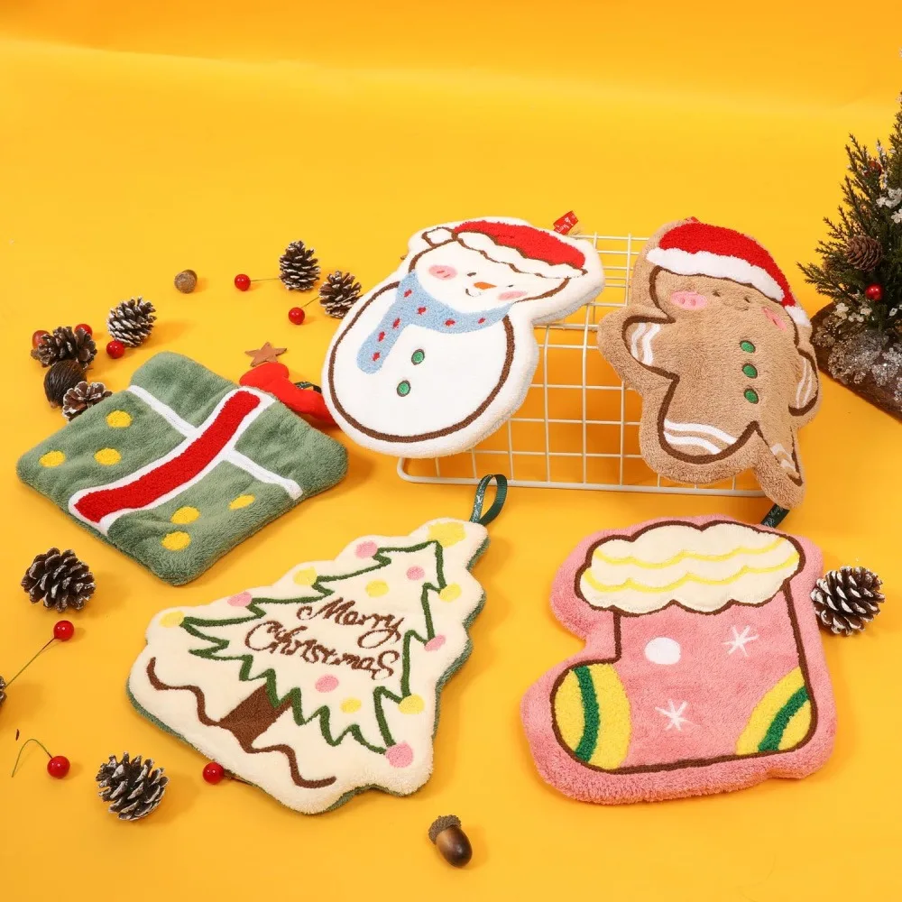 1 Pack Christmas Cute Cartoon Hand Towel, Super Absorbent Coral Velvet Hanging Wipe Hand Cloth, Festive Snowman/Gingerbread Man/Tree Gift Shaped Decorative Towel for Bathroom Kitchen Home Xmas Decor