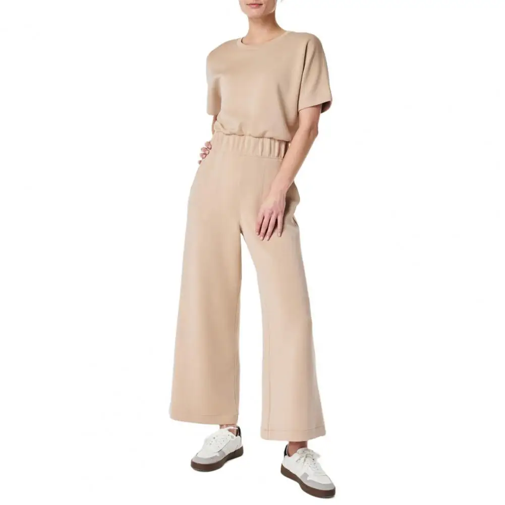 Crew Neck Jumpsuit Stylish Summer Women's Jumpsuit with O Neck Short Sleeves Elastic Waist Wide Leg Solid Color Casual Daily