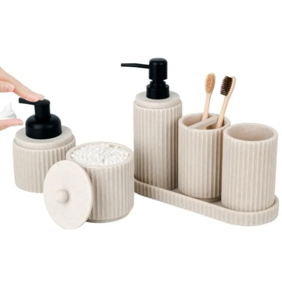 

Beige Bathroom Accessory Set - 6 Pcs: Toothbrush Holder Lotion Foaming Soap Dispensers Q-tip Holder Vanity Tray Bathroom Tumble