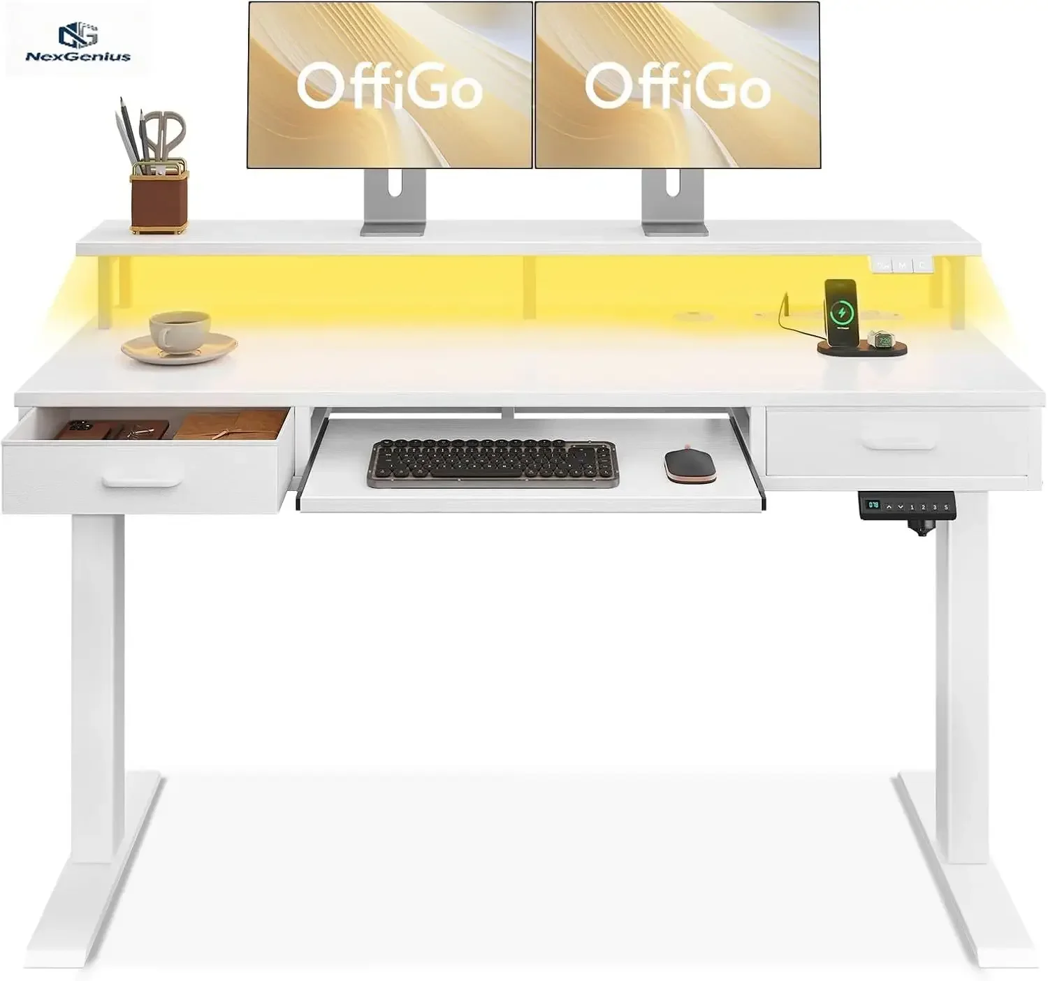 Electric Standing Desk with Drawers & Keyboard Tray, 55 Inch Height Adjustable Desk with Power Outlets & LED Lights, Sit Stand T