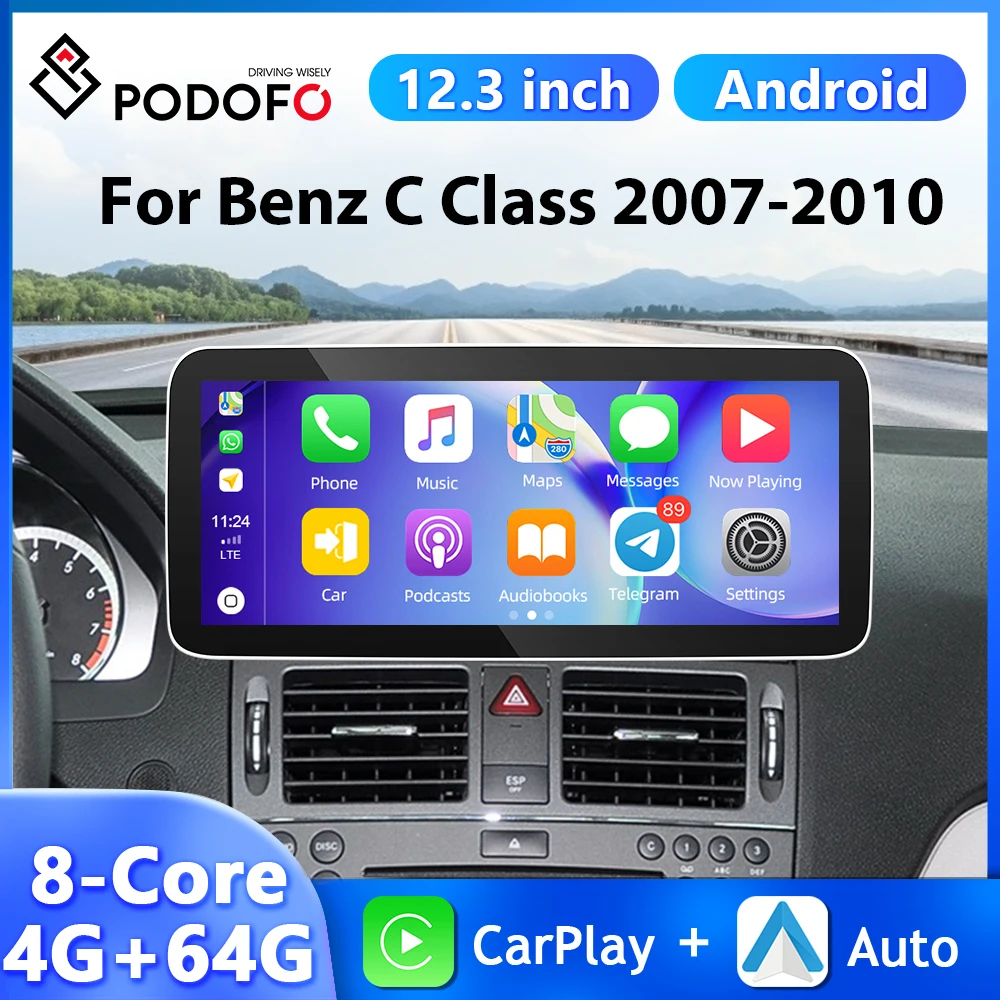 Podofo 12.3'' Android Car Radio For Mercedes-Benz C Class 2007-2010 Multimedia Video Player 4+64G Carplay Android Auto 4G WIFI