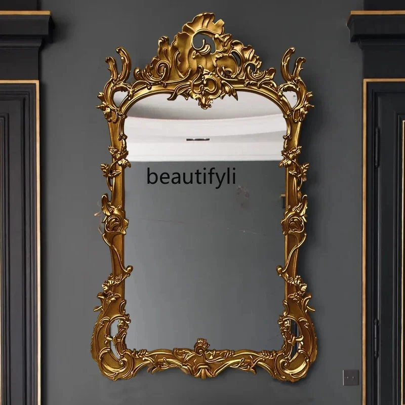 

French Retro Full-Length Mirror European Luxury Carved Floor Fireplace Decorative Mirror American Wall Hanging Dressing