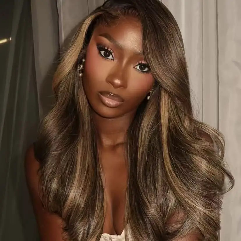 

36-дюймовые парики из натуральных волос с коричневыми и блондированными прядями, с прозрачным кружевом 13x4, волнистые, для чернокожих женщин, бразильские, из натуральных человеческих волос.