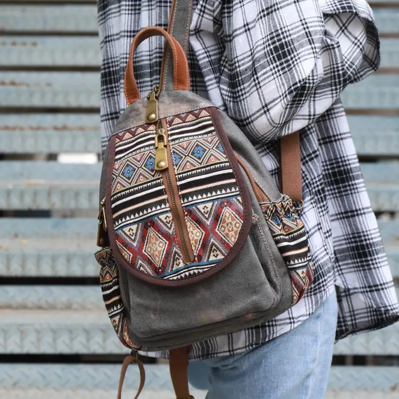 

Vintage Embroidered Backpack Denim Fashion Women Versatile Canvas Casual Multi Layer Backpacks Ethnic Style Trumpet Backpack