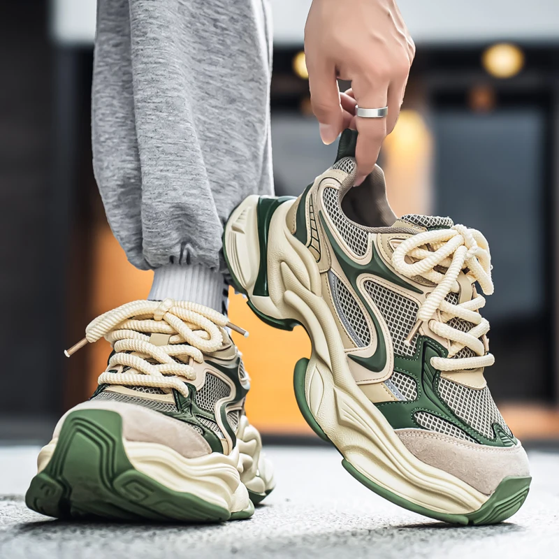 Herren-Dad-Sneaker, atmungsaktives Obermaterial aus großem Mesh, dicke Juteschnürsenkel, farblich abgesetzte dicke Sohle, höhenvergrößernd und rutschfest, retro-trendiger Stil, mehrere Farboptionen verfügbar, vielseitige Freizeitschuhe für den täglichen Arbeitsweg und die Straßenmode. – Detail 25