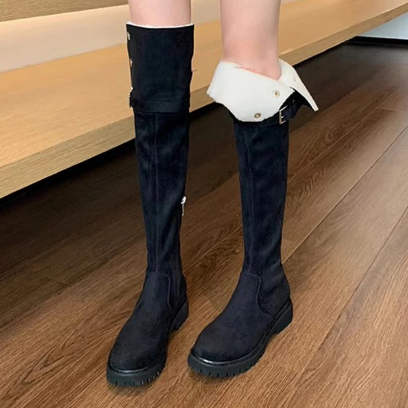 

Meotina/женские высокие сапоги до бедра с круглым носком на толстом среднем каблуке, длинные сапоги на молнии с пряжкой, женская модная обувь, осень-зима, хаки 40,