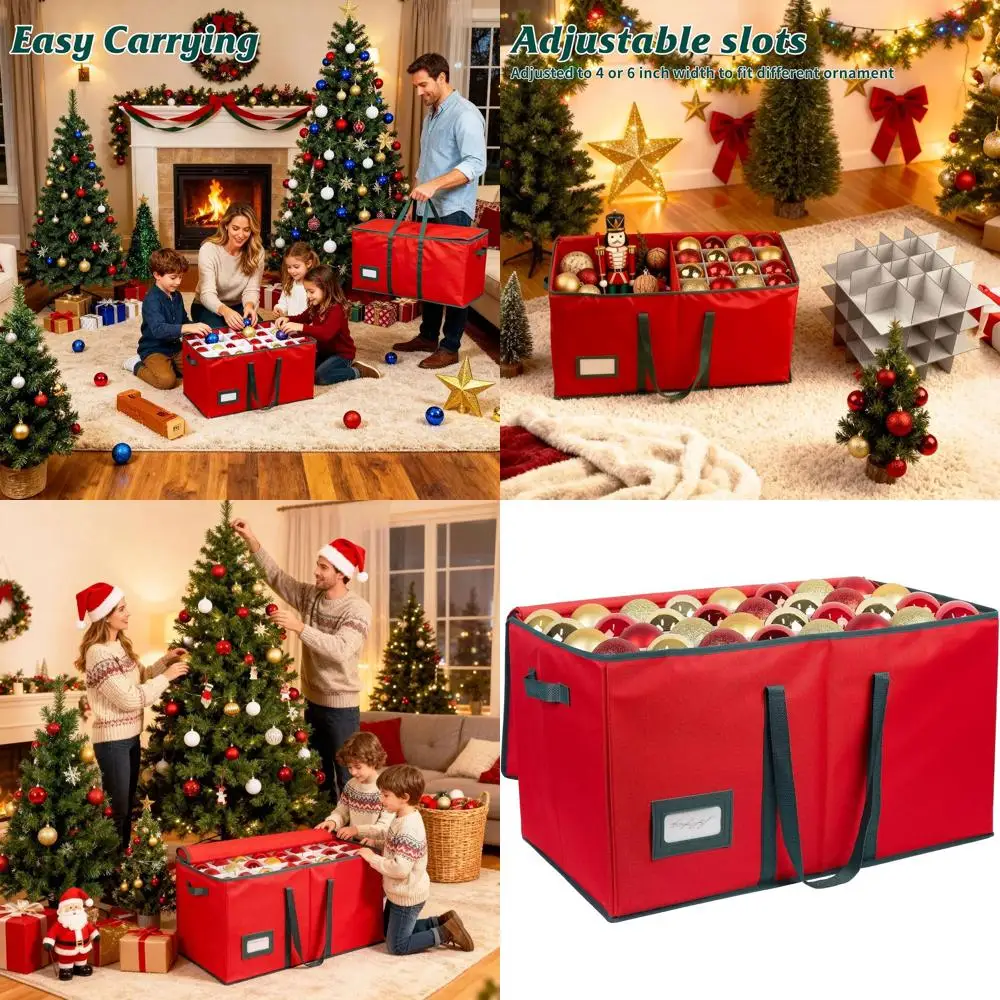 

Large Christmas Ornament Storage Box - Holds 128, 3 Decorations, Organizer with Zipper Lid and Adjustable Dividers, Durable 600D