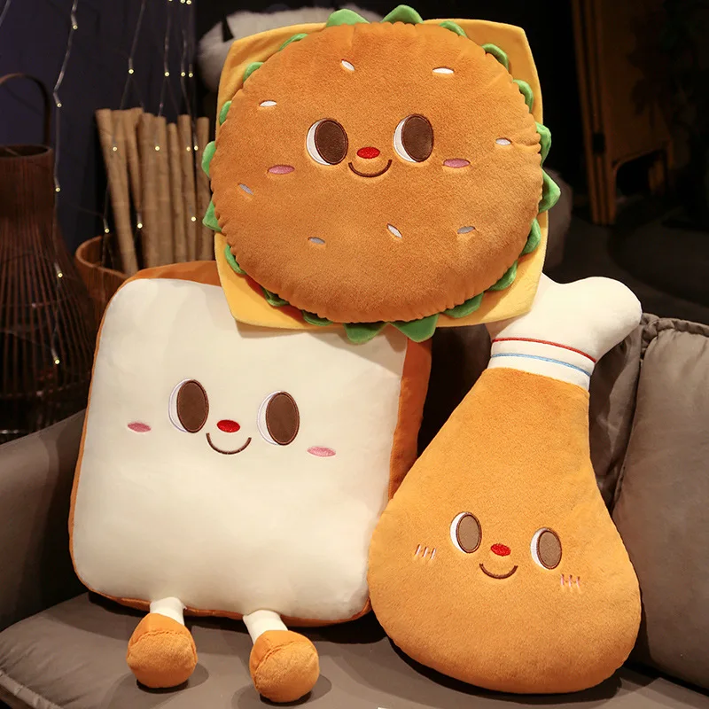 Juguete de hamburguesa de peluche de dibujos animados, baquetas con cara sonriente, relleno divertido, comida tostada, almohada, cojín, silla, asiento, sofá, decoración, regalo para niños y niñas