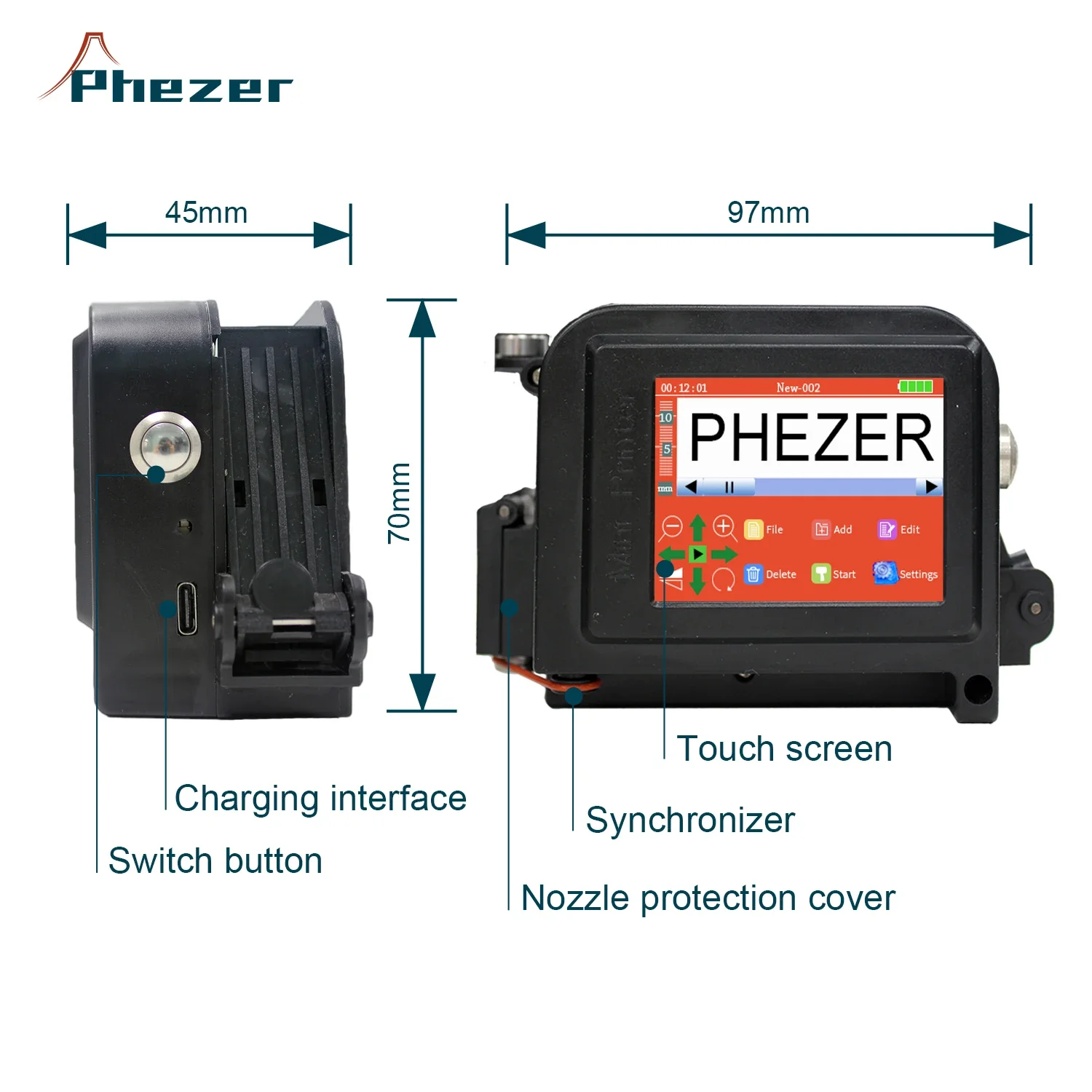 ミニポータブルインクジェットプリンターPhezer-PC11Plus,コード,日付,ロゴ,有効期限,30言語,12.7mm, 25.4mm