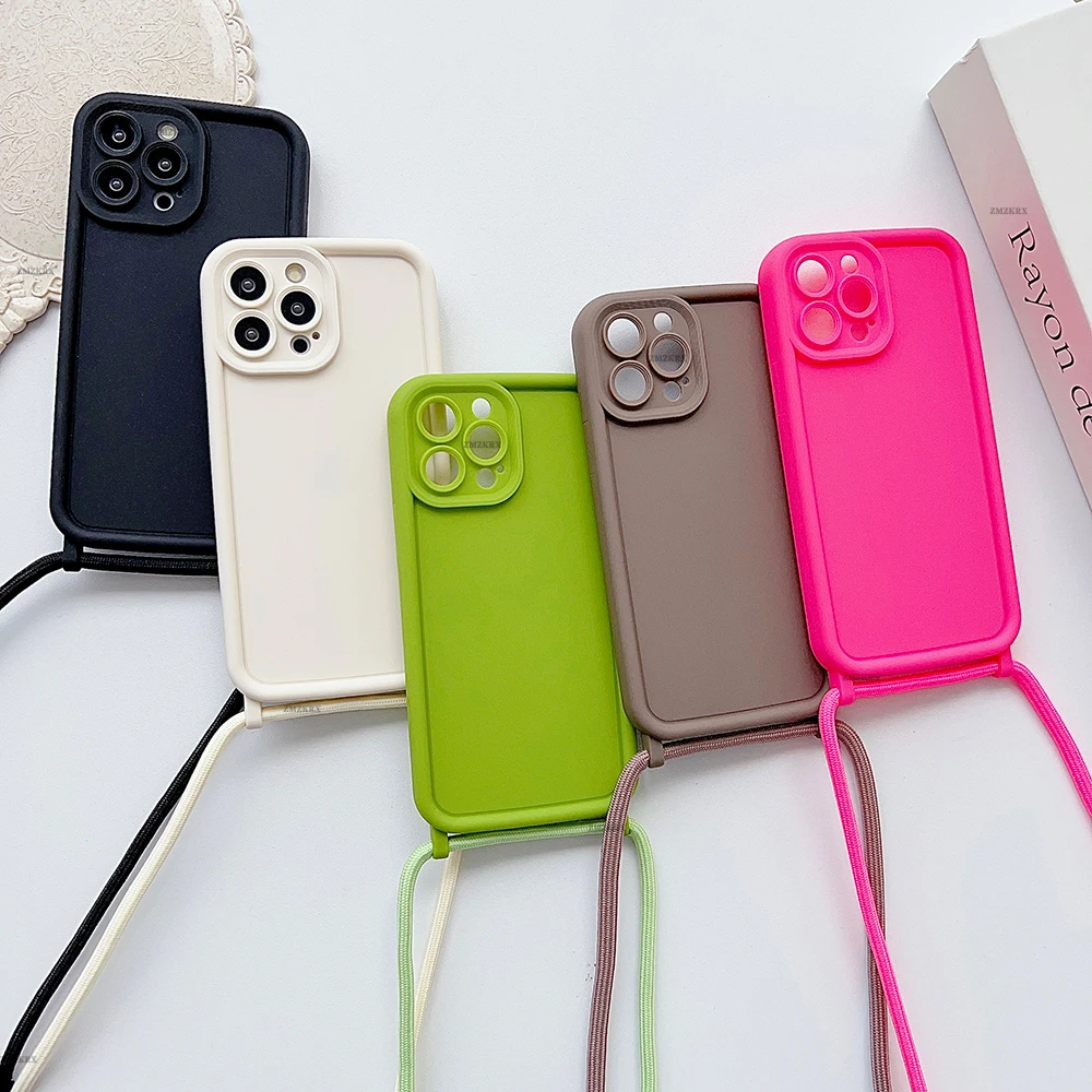 Crossbody Necklace Strap Adjustable Lanyard Silicone Phone Case For iphone 15 14 13 12 11 Pro X XR XS Max 7 8 Plus SE Soft Cover