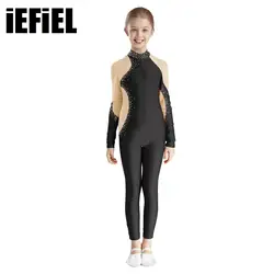 Kids Girls Gymnastics Leotard Figure Skating Dance Costume Glittery Rhinestones Jumpsuit Sheer Mesh Patchwork Bodysuit