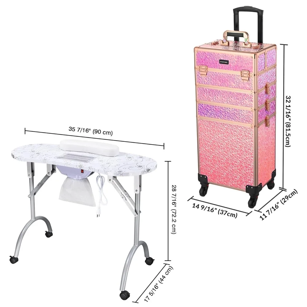 Nail desk Rolling Manicure Table Cosmetology Case on Wheels featuring a Built-in Dust Collector,4-in-1 Rolling Makeup Train Case