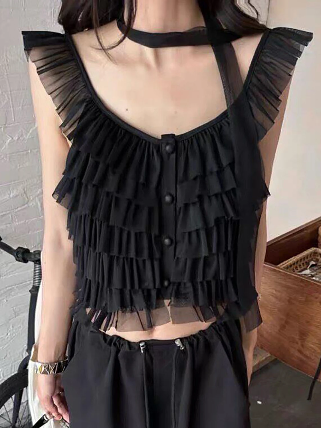 

Chic Short Sleeve Shirt Women's Summer New Sweet Style Slimming Versatile Mesh Ruffle Hem Fly Sleeve Sweet Style Top