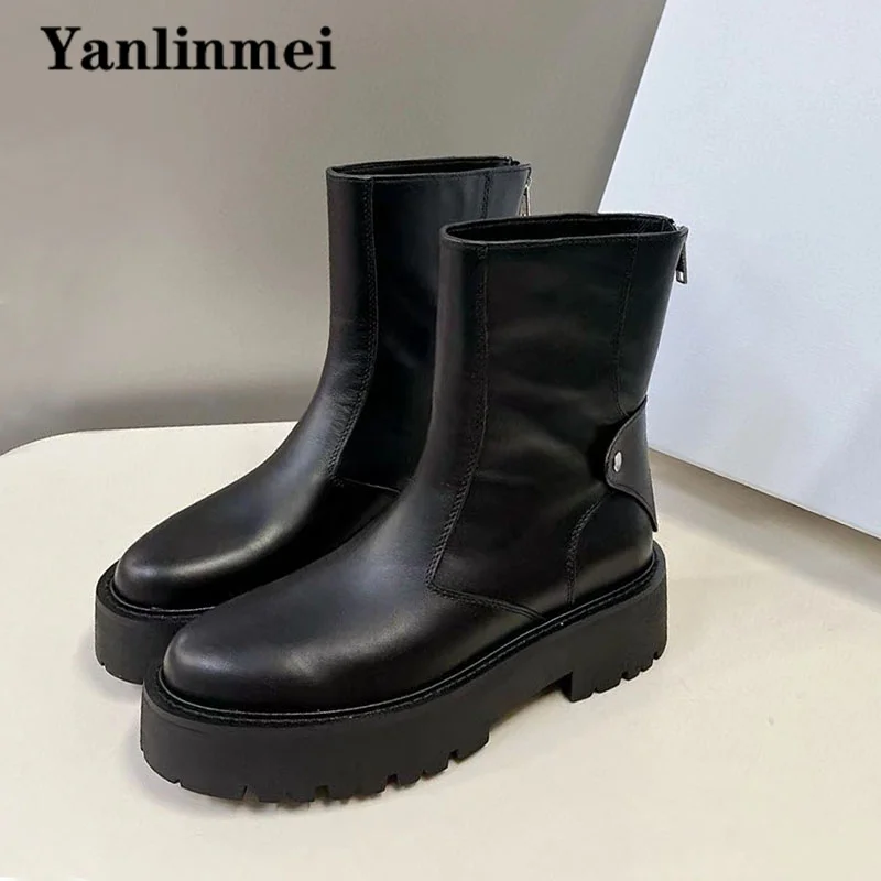 Thick Sole Motorcycle Boots Women Luxury Genuine Leather Flat Platform Shoes Round Toe Slip-on Short Boots Woman Botas Mujer