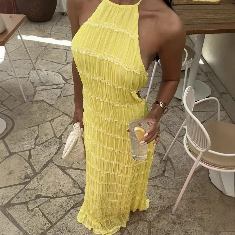 

2026 Spring and Summer Women's Clothing Sexy Fashion Neck Straps Pleated Lace Vacation Style Dress