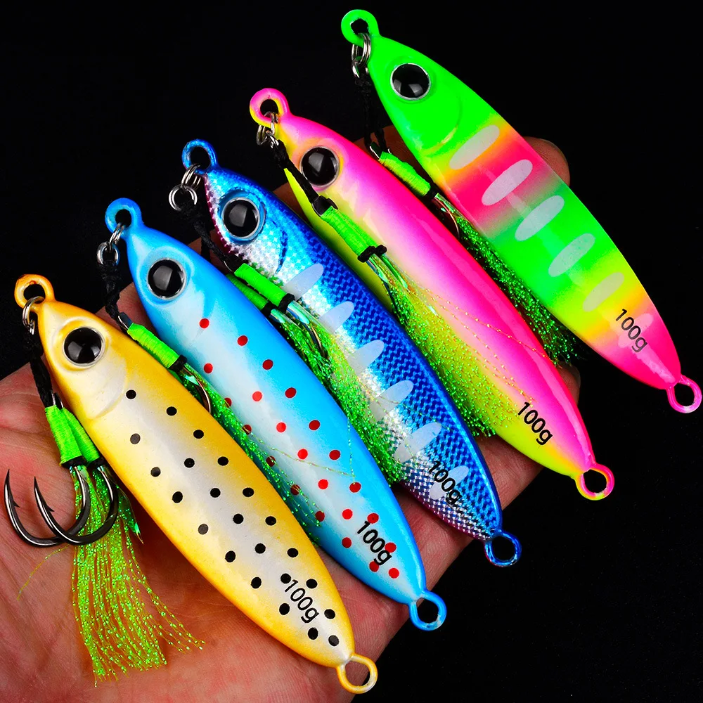 Luminous Metal Jig Fishing Lure 30g-100g Long Casting Lead Fish with Double Assist Hooks for Offshore Boat Fishing Mackerel