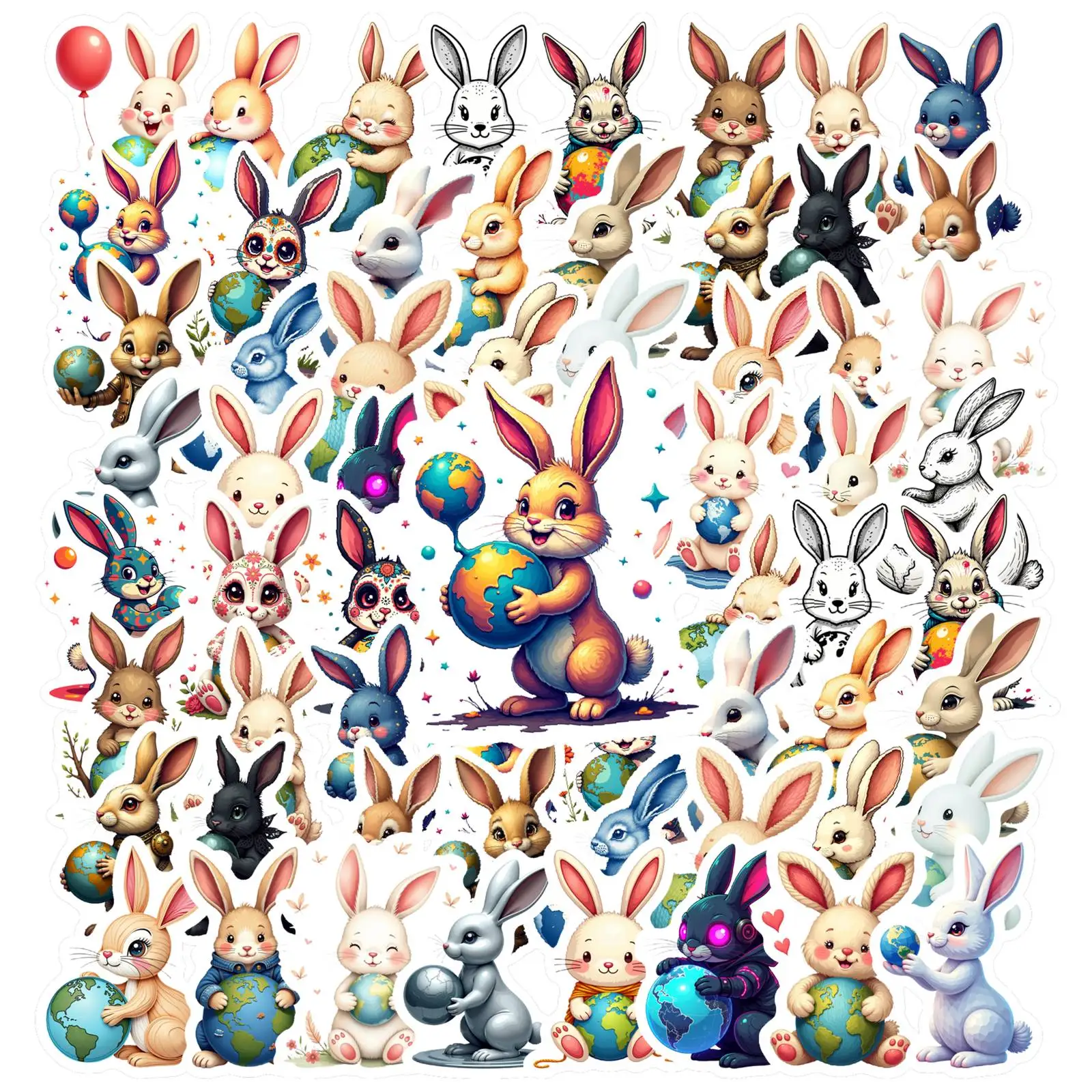 35pcs-50pcs Cute Rabbits Stickers Whimsical Earth  Stickers Stationery Stickers For DIY Phone Guitar Laptop Notebook