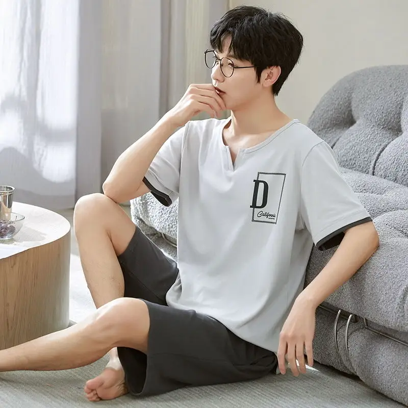 Summer Pj Short Sleeved Men's Pajamas Sets Male Loungewear Cotton Shorts Set Young Boy Sleepwear pijama de hombres de verano