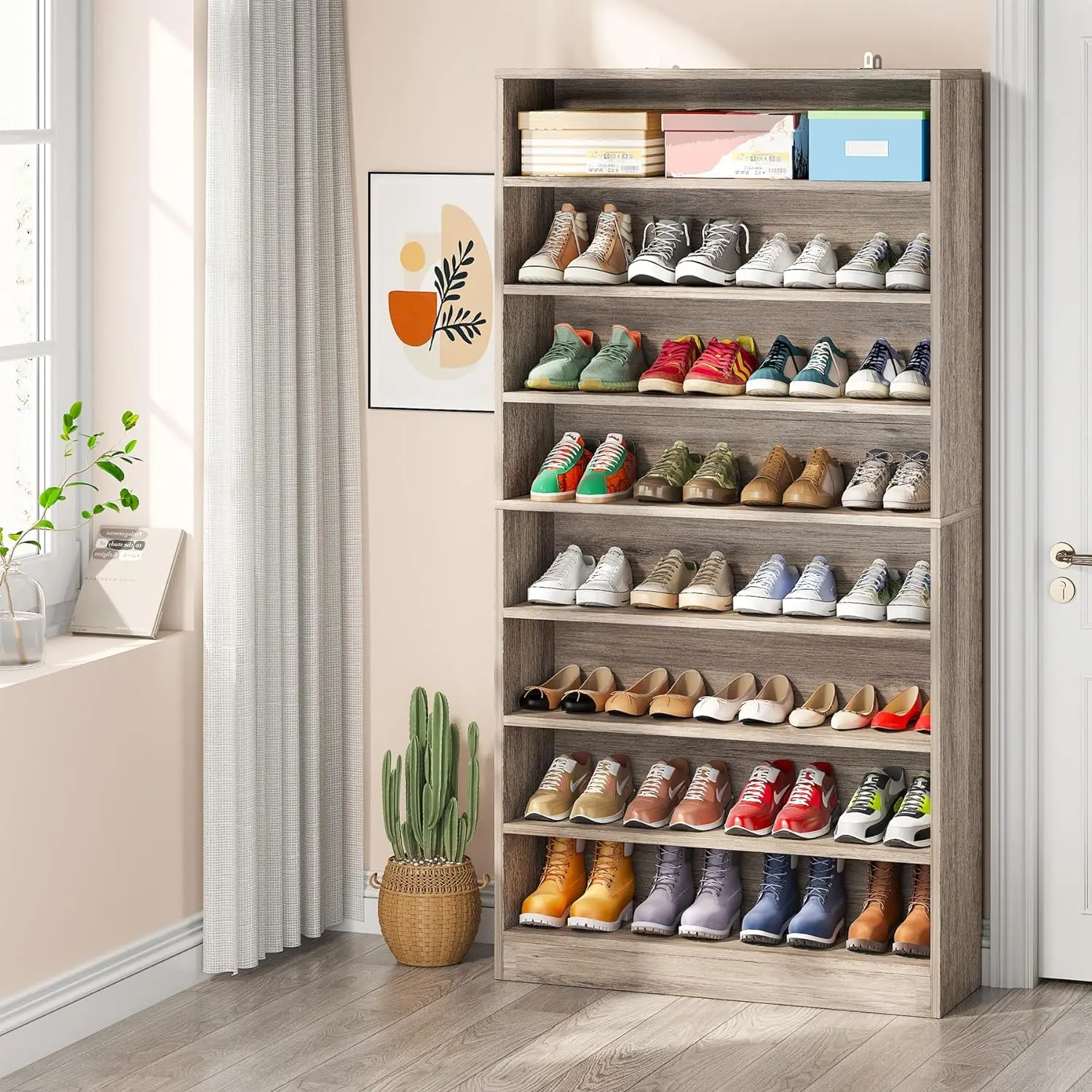 

Tall Shoe Cabinet, 9 Tiers 40-45 Pairs Heavy Duty Wood Freestanding Shoe Storage Cabinet, 70.8'' Tall Cabinet with Open Storage