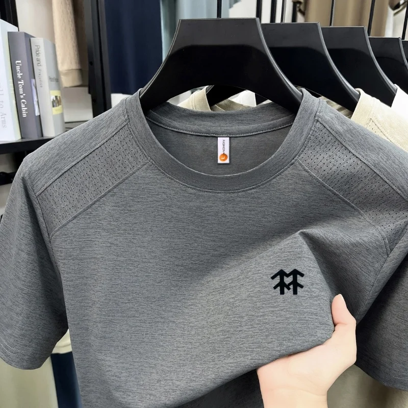 High Quality Summer New Men Short-Sleeved T-Shirt Vent Hole Round Neck Solid Color Stamp T-Shirt Daily Commute Fashion for Men