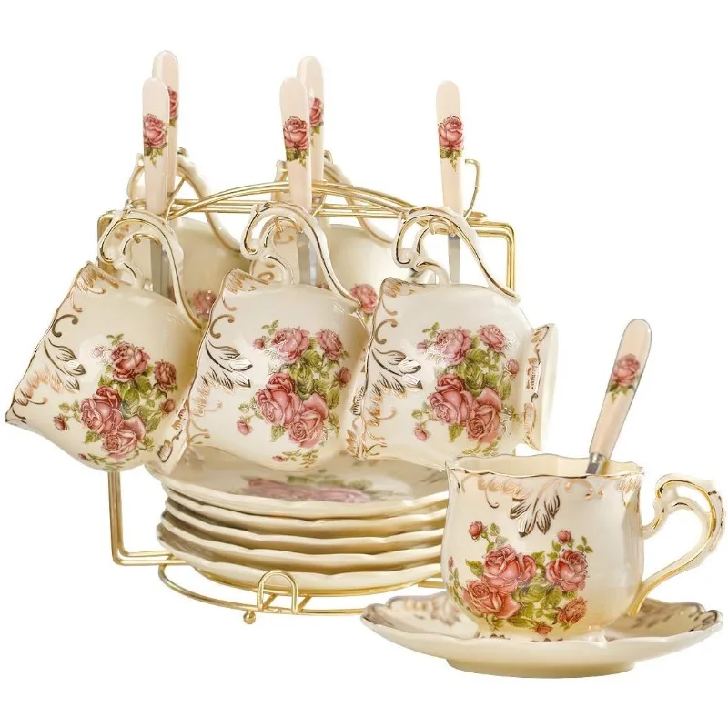 

Tea Cups and Saucers Set of 6, Tea Set, Vintage Floral Porcelain Tea Cups Set, Coffee Cups with Golden Rack, 8 oz