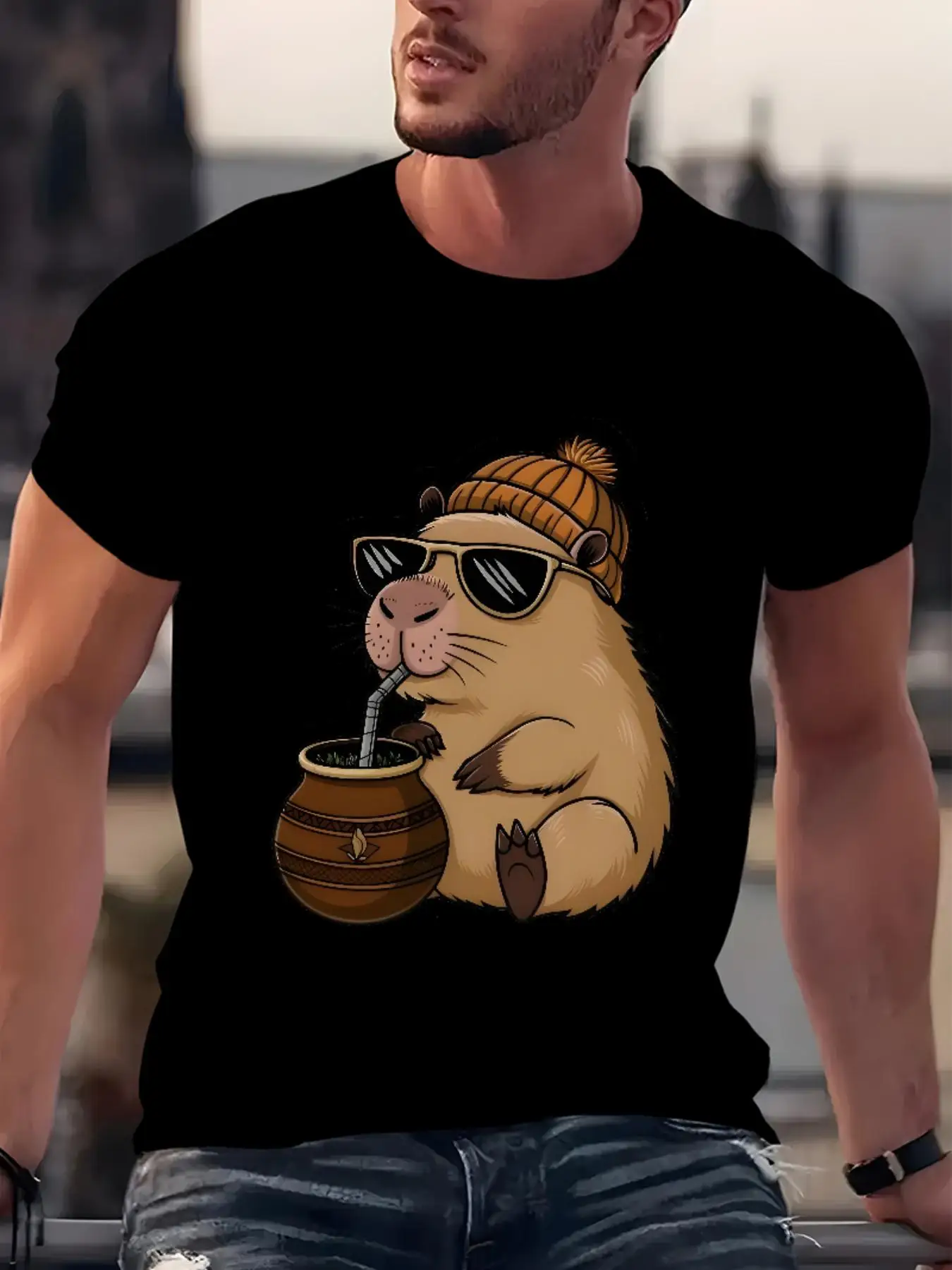 Capybara Drinking Mate In Beanie Sunglasses Graphic Tee Men's Funny Casual Cotton T-Shirt
