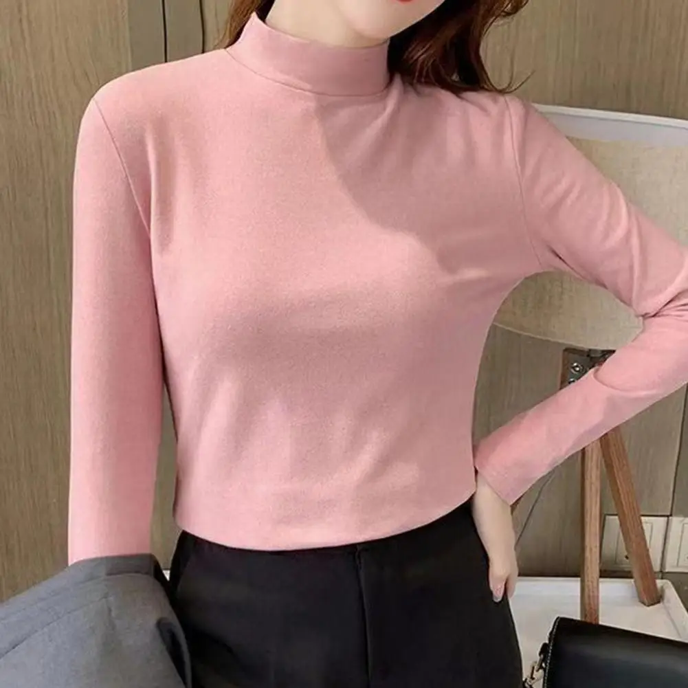 Half High Collar Long Sleeves Bottoming Blouse Slim Fit Thickened Double-Sided Fleece Thermal Undershirt Autumn Pullover Blouse