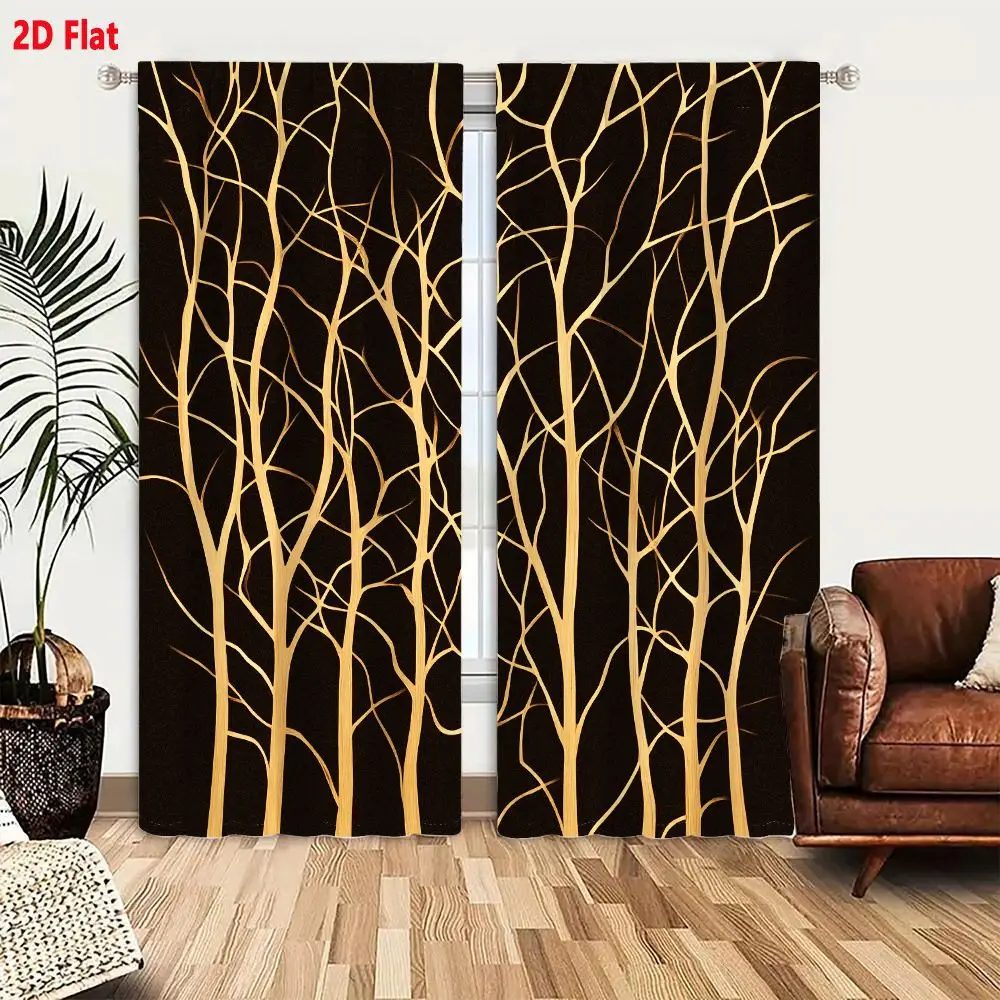 2Pcs Curtains 2D Flat Stylized Artistic Illustration Of Numerous Bare Tree Trunks And Branches Set Against Solid Dark Brown Back