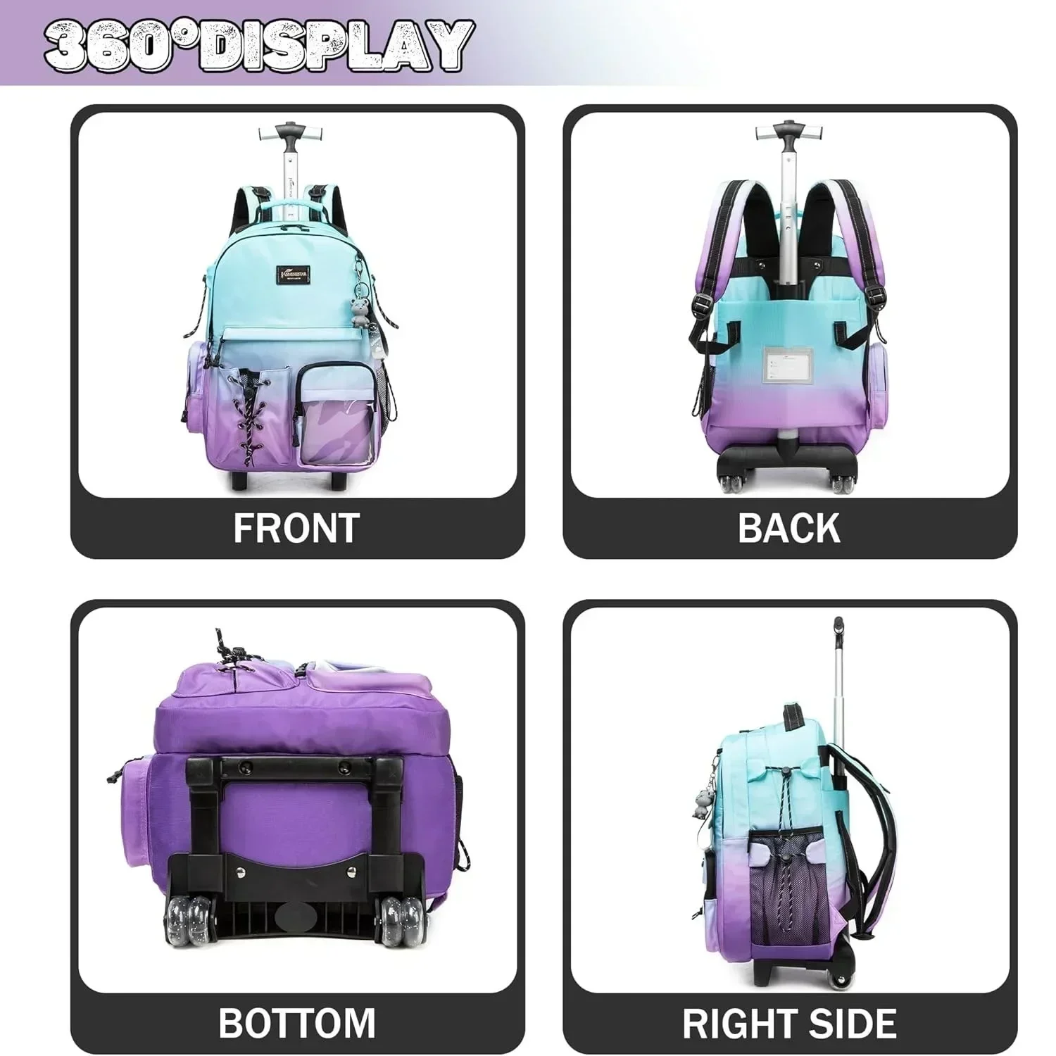 School Backpack Set for Girl Kids Wheeled Bags for Teens Travel Rolling Bag School Trolley Backpack Carry on Luggage with Wheels