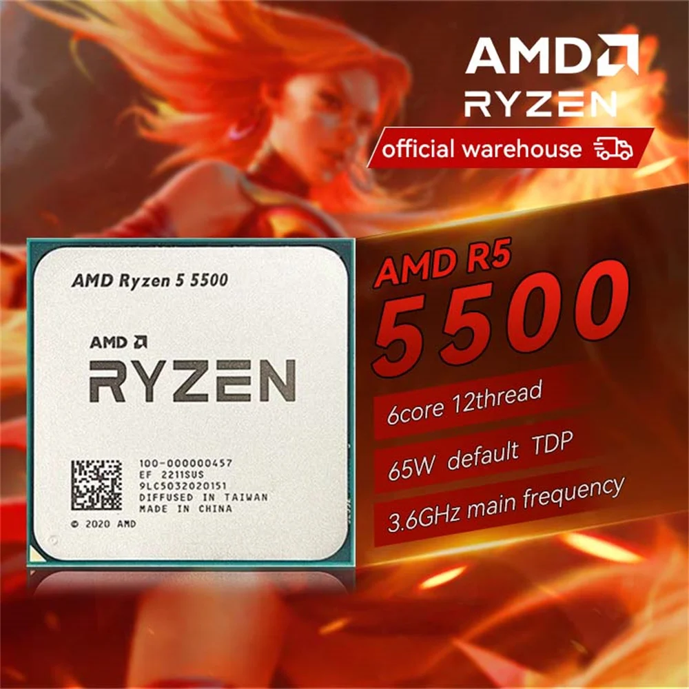 Processador amd ryzen 5 5500 cpu r5 5500 100% novo soquete de 6 núcleos am4 65w cpu de computador de jogo de mesa sem ventilador cooler