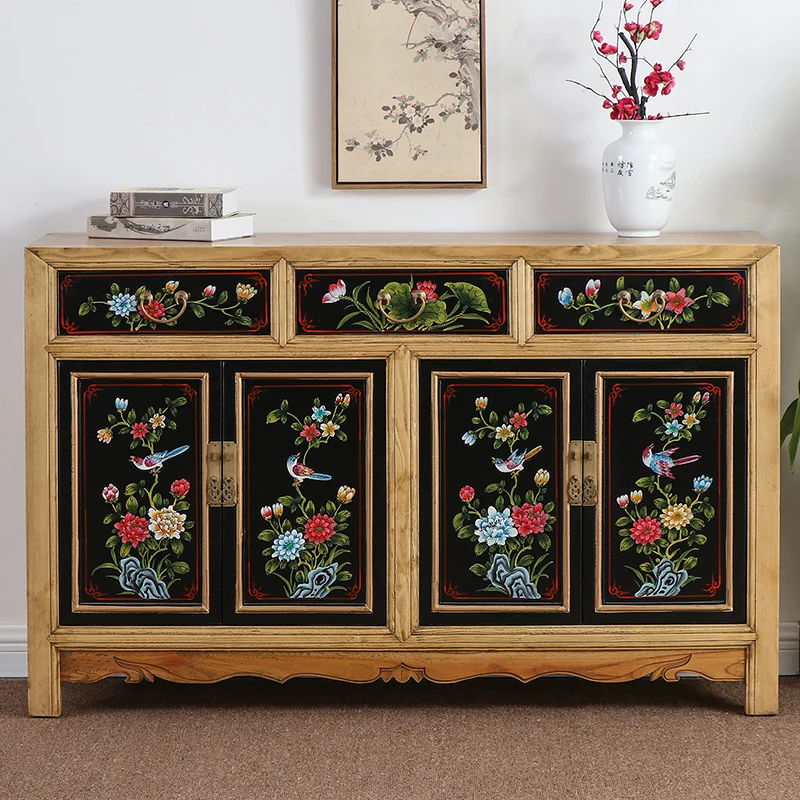 !@Antique Chinese Style Elm Shoe and Wine Cabinet Hand-Painted Wooden Side Cabinet Simple Mix-and-Match Home Furniture