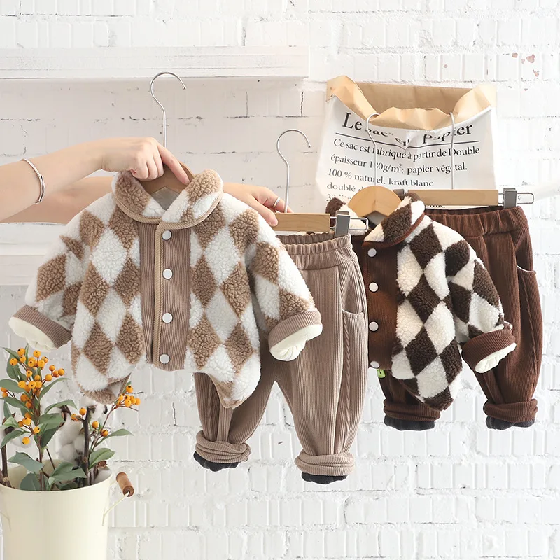 Winter Baby Boys Girls Clothing Sets Children Rhombic Lattice Thickened Plush Coats Pants Kids Tracksuit Infant Clothes Outfits