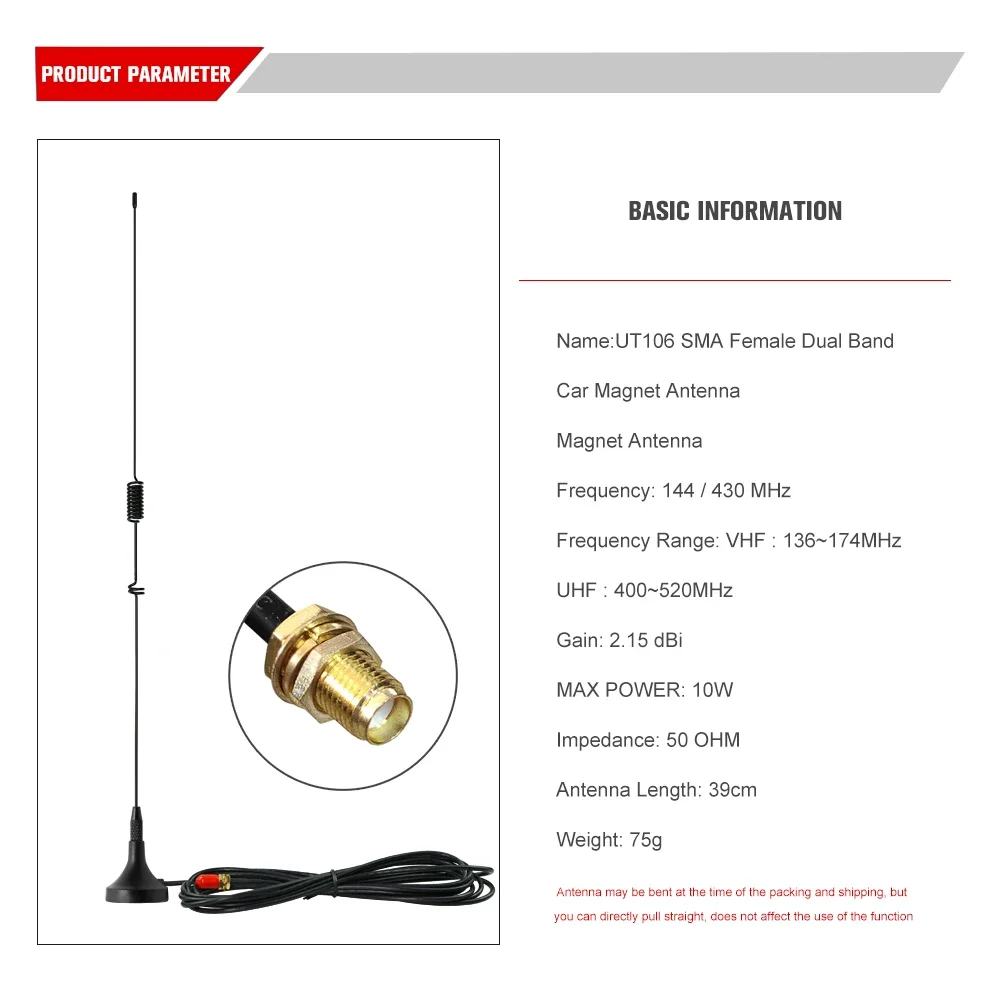 UT-106UV Autoantenne Magnetische SMA-F Dual Band On-board Antenne VHF UHF für Baofeng UV-5R UV82 GT-3TP GT-5 Amateurfunk Zubehör – Detail 3