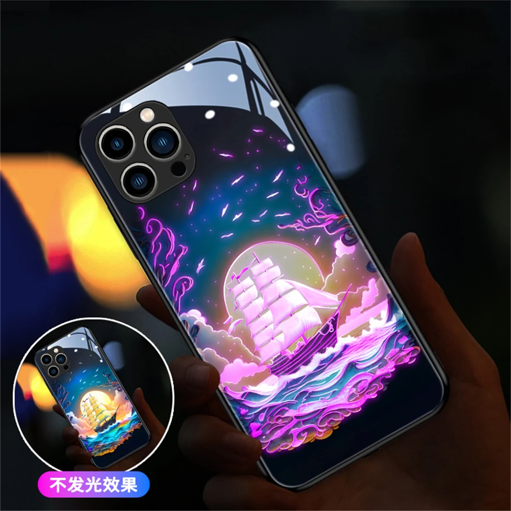 Sailboat Colorful LED Light Glow Luminous Tempered Glass Phone Case For iPhone 15 14 13 12 11 Pro Max X XR XS 6 7 8 Plus SE2020 image 2