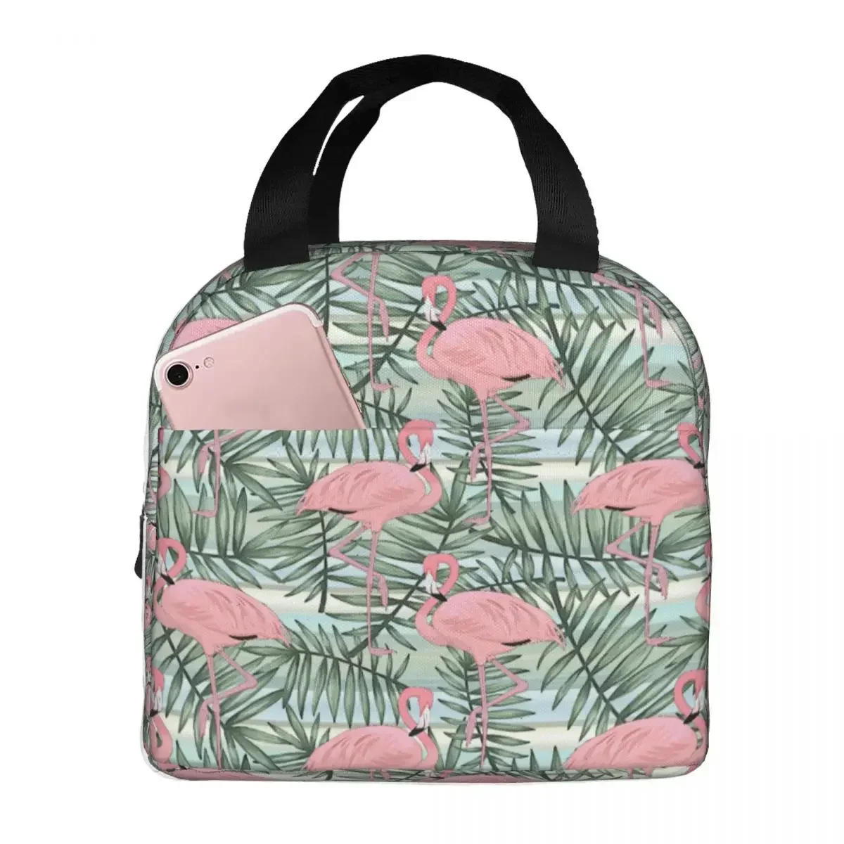 Tropical Pink Flamingo Palm Tree Leaves Lunch Bags Waterproof Insulated Cooler Thermal Cold Food Picnic Lunch Box for Women Kids