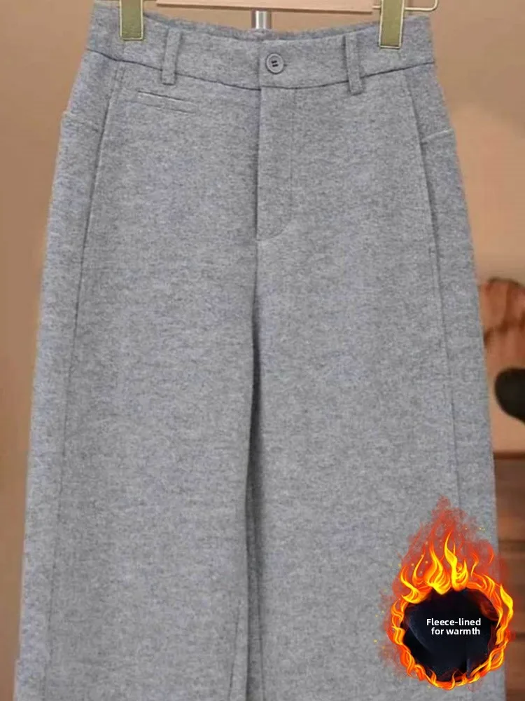 Damskie wełniane spodnie z szerokimi nogawkami, miękkie, proste, do pracy, z wysokim stanem, z detalami, w stylu koreańskim.