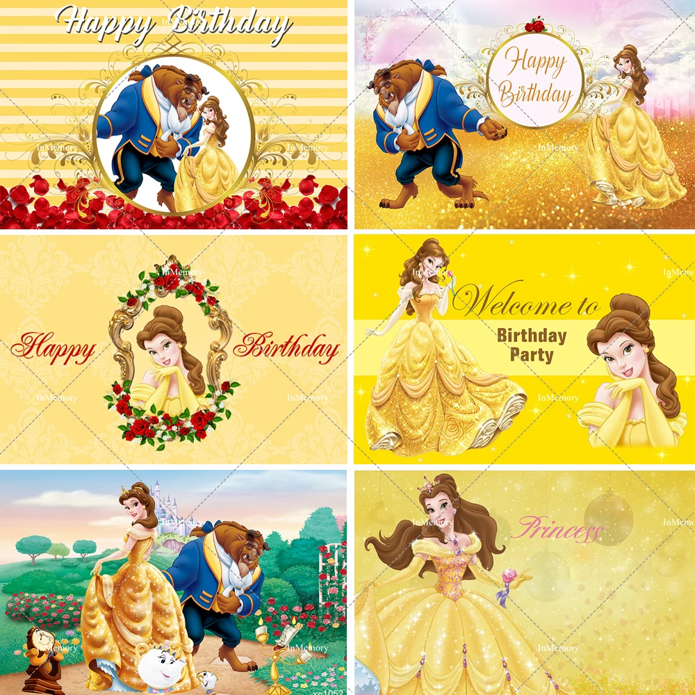 Beauty and The Beast Princess Belle Backdrops for Girls Birthday Party Baby Shower Dessert Table Banner Photography Background