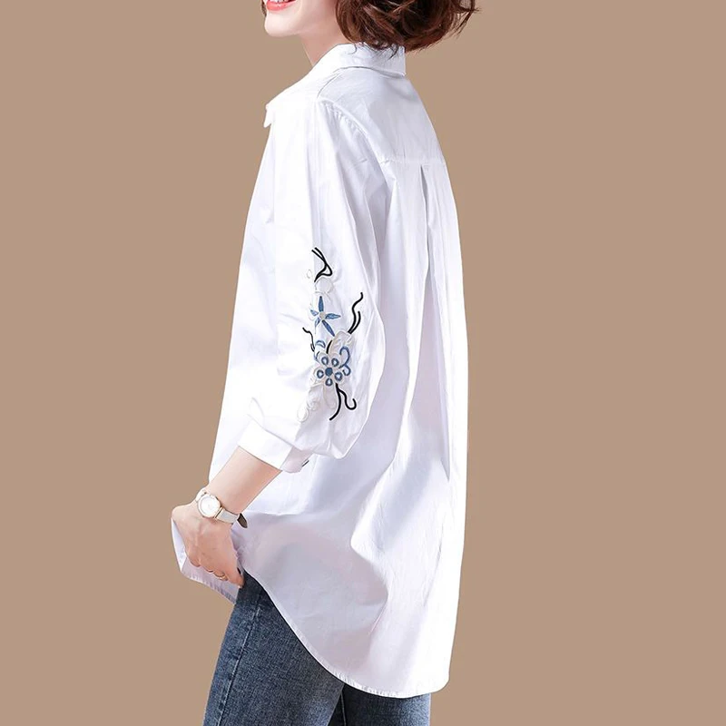 Korean Simple Embroidery White Cotton Button Up Shirts Spring Casual Long Sleeve Loose Tunic Tops Blouses for Women Clothes 2023