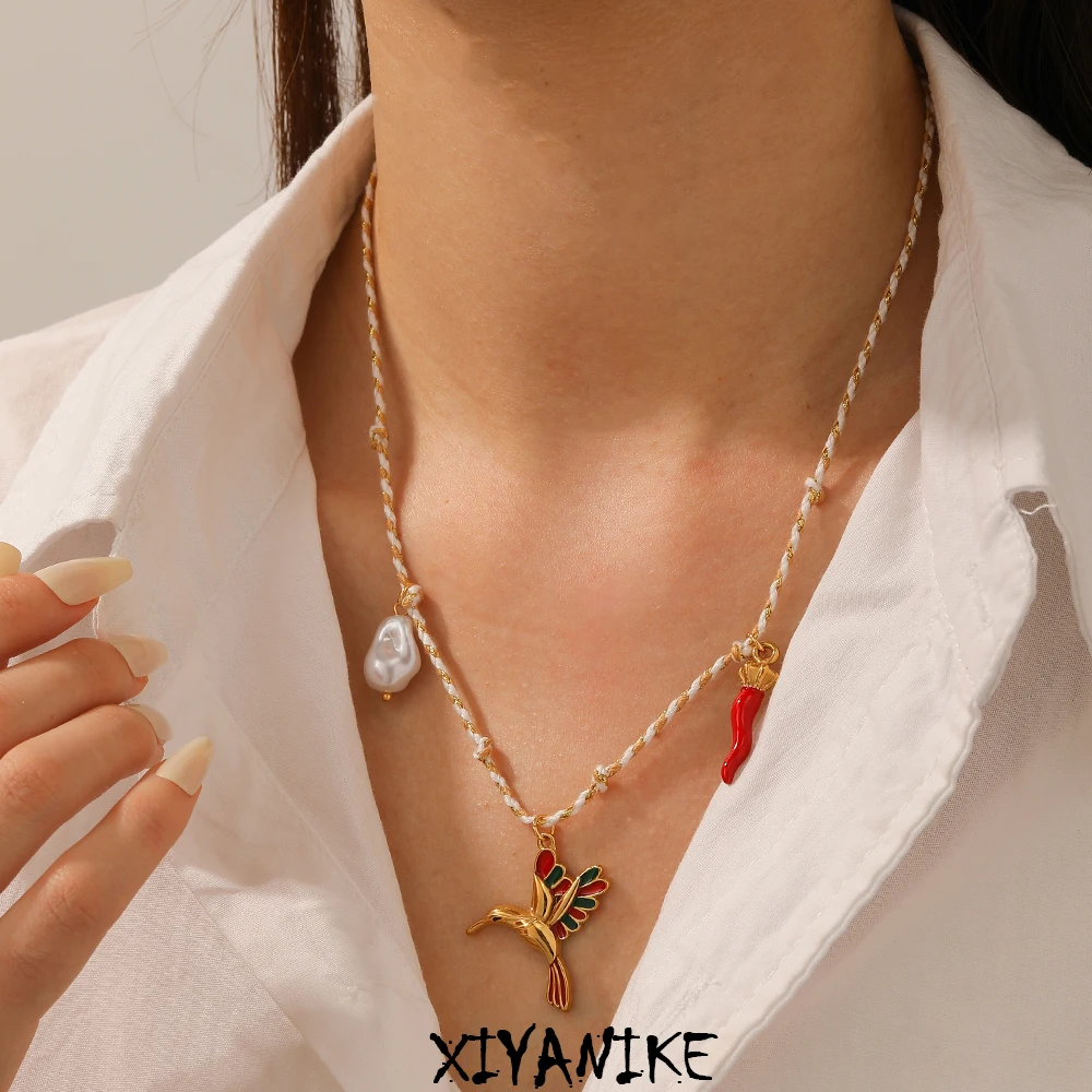 

XIYANIKE 316L Stainless Steel Yellow Rope Chain Colorful Hummingbird Pepper Pearl Pendant Necklace Women Novel Trend Neck Chain
