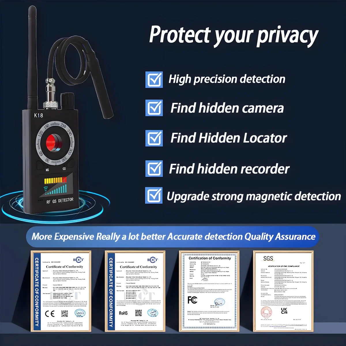 K18 Anti Spy Detector RF GS Signal Finder for Hidden Camera GPS Tracker with Magnetic Probe and Laser Light Assistance