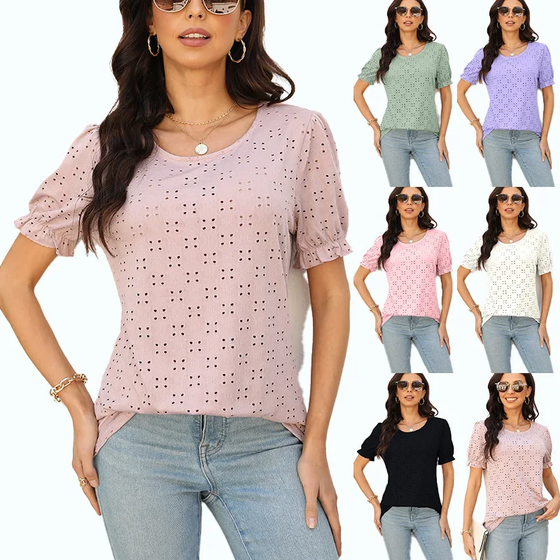 Women's 2024 Spring/summer New Hollow Solid Color Short-sleeved Blouse