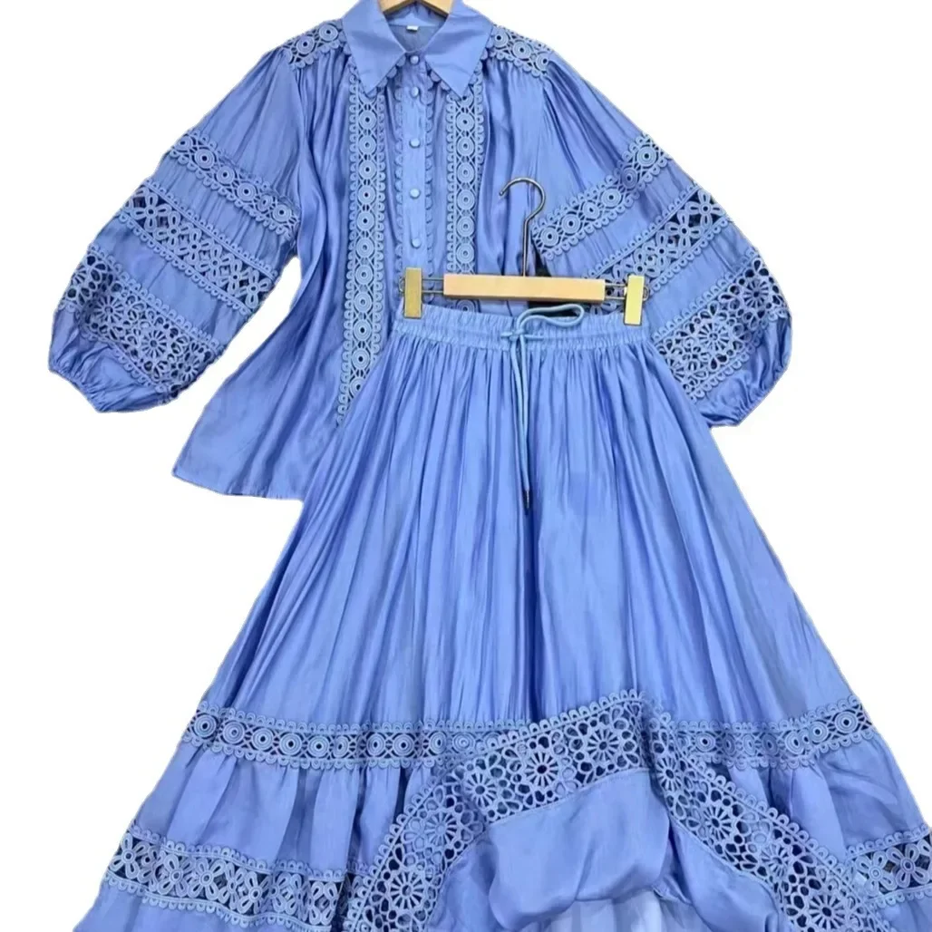 2024 Fashionable versatile lapel patchwork lace lantern sleeve shirt+high waisted skirt set two piece sets womens outifits