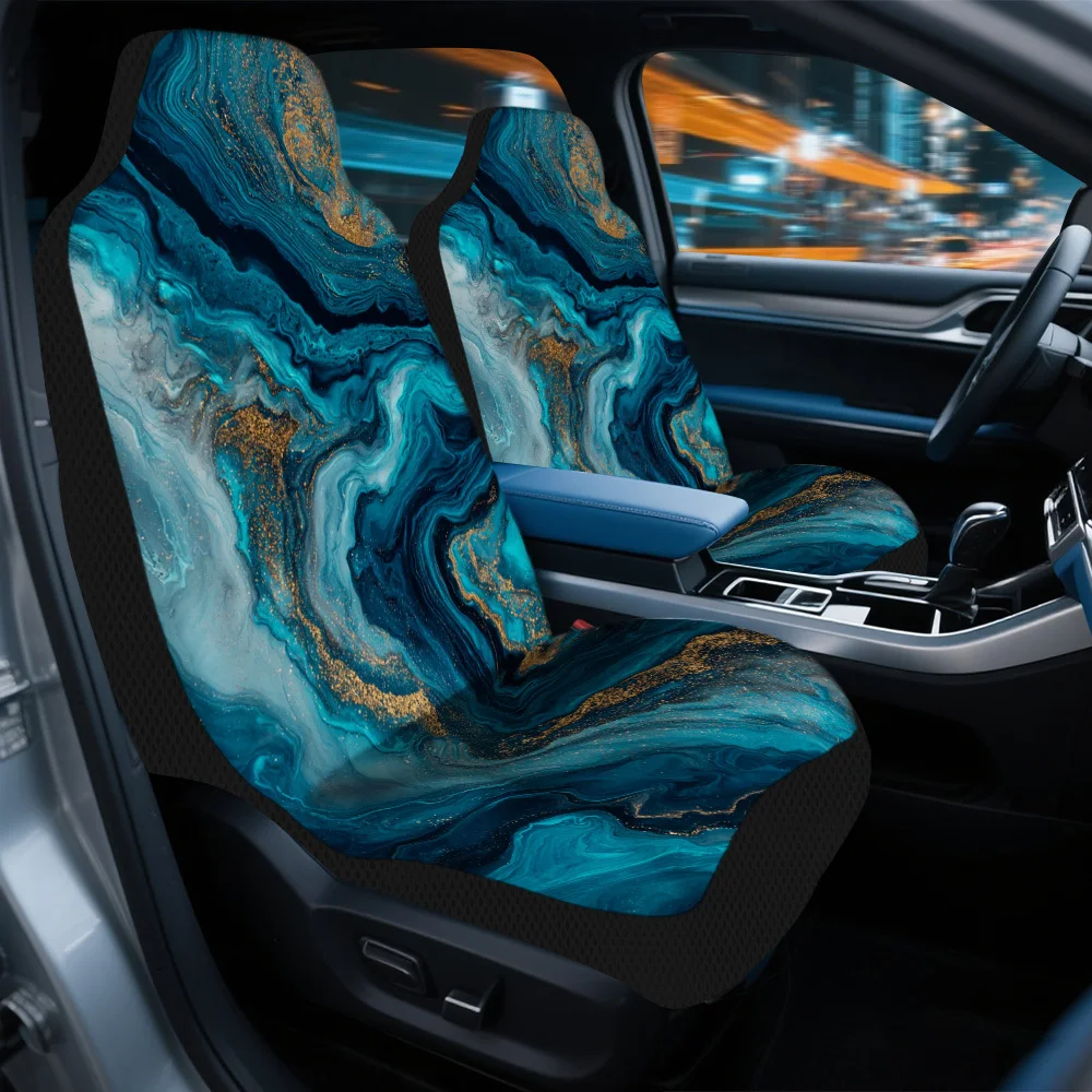 Set Of 2 Car Seat Covers Featuring A Swirling Blue And Golden Design – Complete Set For Two Front Seats, Universally Fitting, Ma