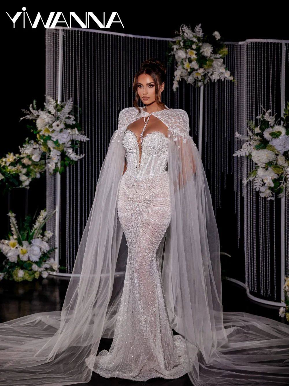 Witte boeiende kralen trouwjurk met cape prachtige illusie zeemeermin bruidsjurk 2026 op maat gemaakte lange jurken voor bruid