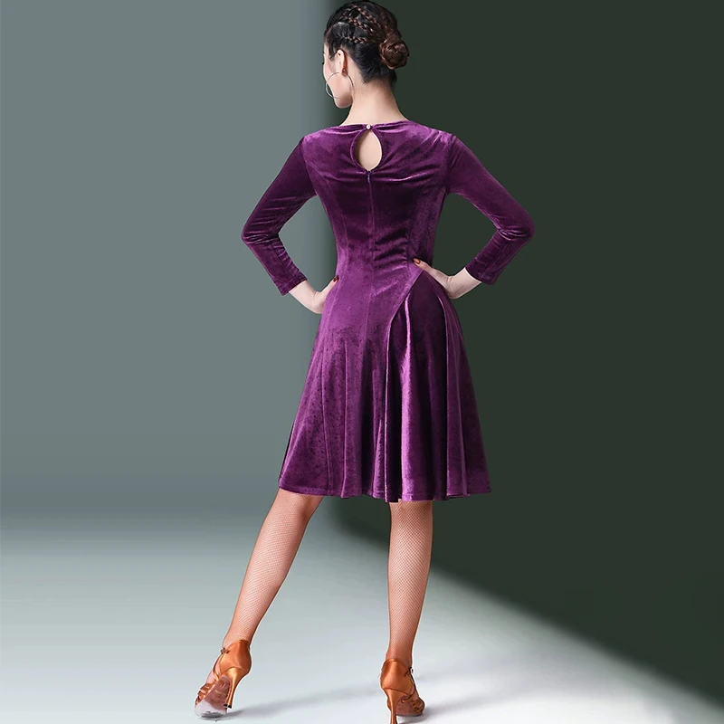 Sexy Latin Dance Wear Dress Autumn and Winter New Adult Women Long-sleeved Dress Velvet Professional Social Dance Training Dress